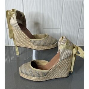 Kate Spade New York Gold Tan Espadrille Wedge Ankle Tie Sandals Women's Size 8
